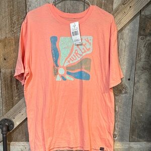 Hurley Coral Pink Graphic Tee with Blue and Teal Accents